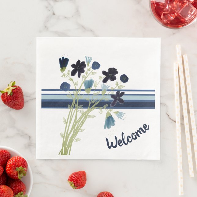 Serviette En Papier Bleu et Floral Bienvenue (En situation)