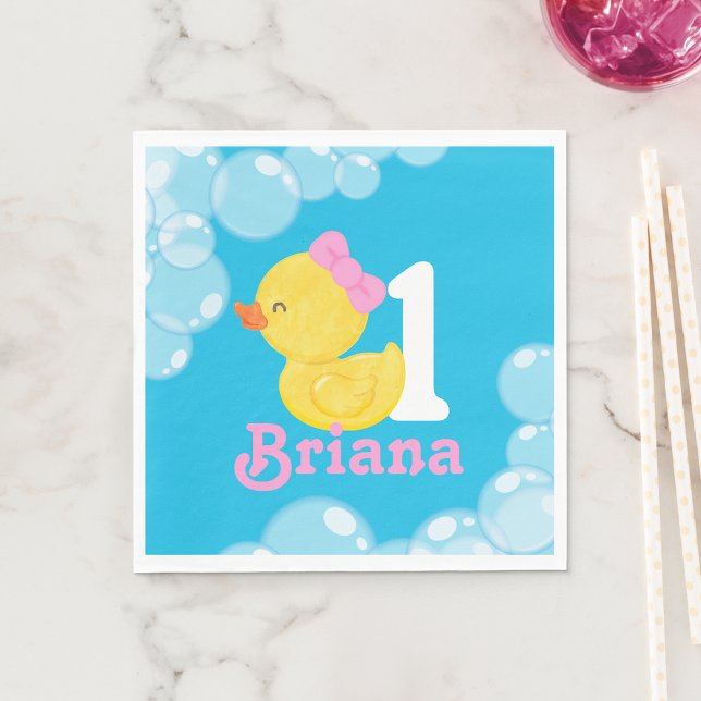 Serviette En Papier Bleu Fille Canard en caoutchouc Anniversaire perso (Blue Girl Rubber Duck Personalized Birthday Napkins)
