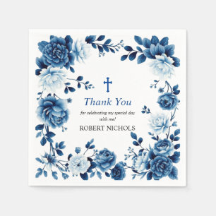 Serviette En Papier Bleu floral Chinoiserie garçon Baptême Merci
