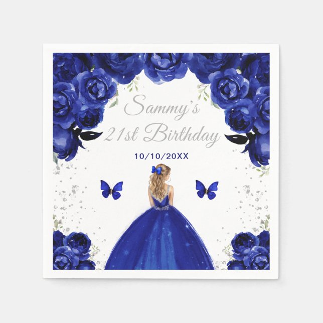 Serviette En Papier Bleu foncé Blonde cheveux Princess Anniversaire (Devant)