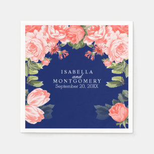 Serviette En Papier Bleu foncé botanique et fleurs de corail