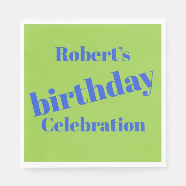 Serviette En Papier Bleu Gras Sur Lime Vert Anniversaire (Devant)