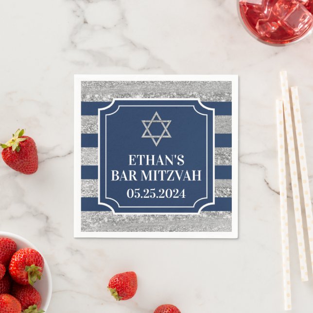 Serviette En Papier Bleu, Gris Barre Barrée Mitzvah (En situation)
