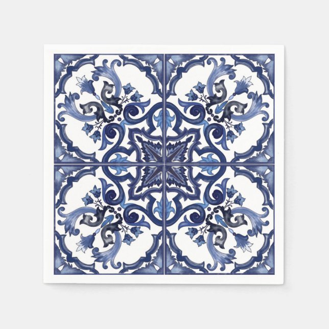 Serviette En Papier Bleu italien et blanc Sicilien Majolica Mosaic (Devant)