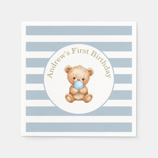 Serviette En Papier Bleu minimes rayures Ours en peluche Anniversaire (Devant)