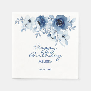 Serviette En Papier Bleu moderne Rose verdure fleurie Anniversaire