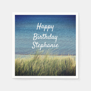 Serviette En Papier Bleu Nautique Joyeux paysage de plage d'anniversai
