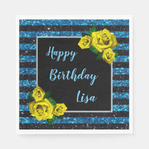 Serviette En Papier Bleu noir Parties scintillant rayures Roses Jaunes