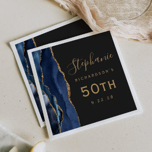 Serviette En Papier Bleu Nuit Agate Or Script Anniversaire 50 Ans Somb