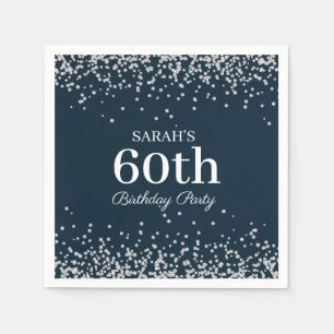 Serviette En Papier Bleu Nuit Élégant Paillettes Argentées 60ème Anniv