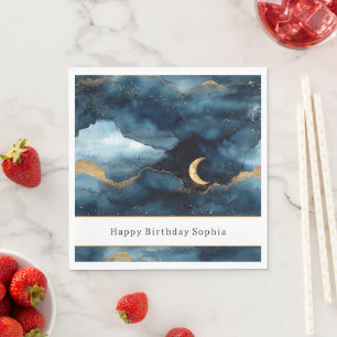 Serviette En Papier Bleu Or Étoiles Scintillantes Ciel Anniversaire