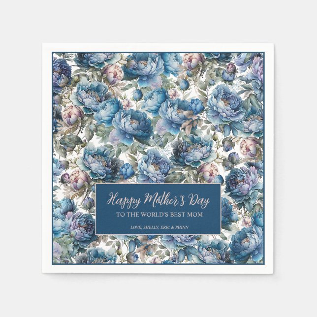 Serviette En Papier Bleu peony motif floral Joyeuse fête des mères (Devant)