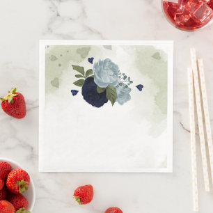 Serviette En Papier bleu poussiéreux et bleu marine fleurs verdure