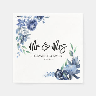 Serviette En Papier Bleu Poussiéreux Fleurs de Marine Mariage M. & Mme