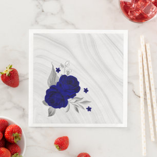 Serviette En Papier bleu roi fleurs argent marbre feuille