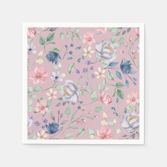 Serviette En Papier Bleu rose et jaune Floral pourpre (Devant)