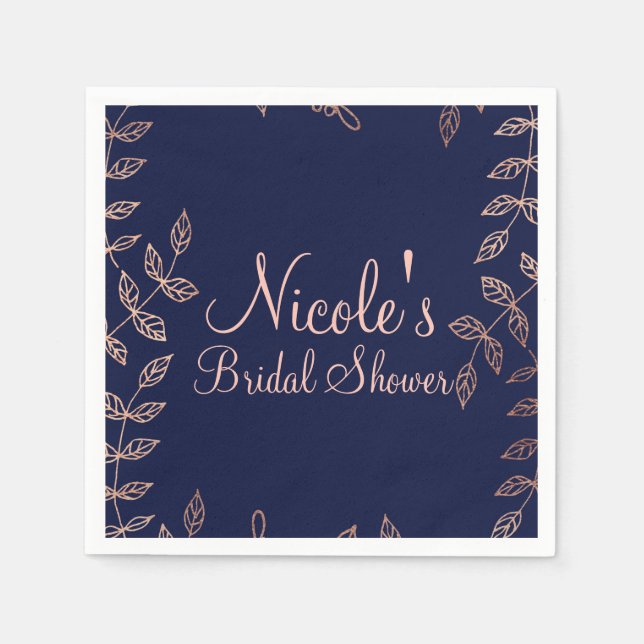 Serviette En Papier Bleu & Rose Gold Glam Botanique Mariage élégant (Devant)