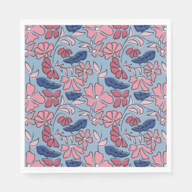 Serviette En Papier Bleu rose main tiré floral bloc impression (Devant)