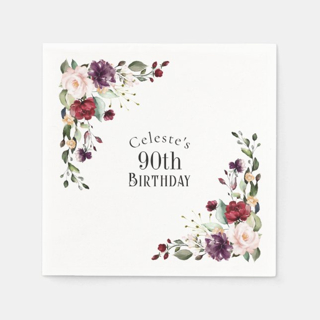 Serviette En Papier Bleu rouge et violet élégant Floral 90e anniversai (Devant)
