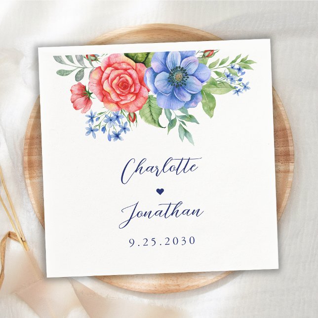 Serviette En Papier Bleu Rouge Floral Monogramme Mariage patriotique (Créateur téléchargé)