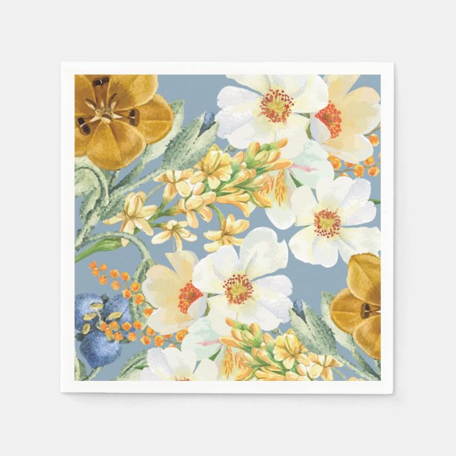 Serviette En Papier Bleu roux Aquarelle fleurs de jardin fleuri (Devant)