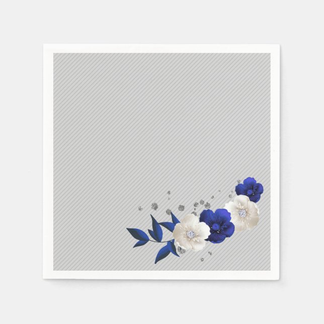 Serviette En Papier bleu royal rose blanc fleurs gris mariage (Devant)