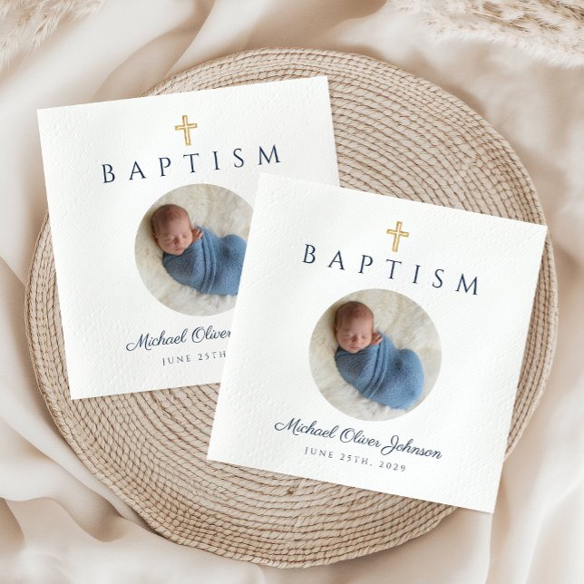 Serviette En Papier Bleu Script Religieux Croix Baptême garçon Photo (Blue Script Religious Cross Boy Baptism Photo Napkins)