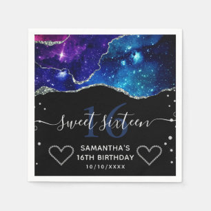Serviette En Papier Bleu & Violet Argent Pailleté Galaxie Agate Douce 