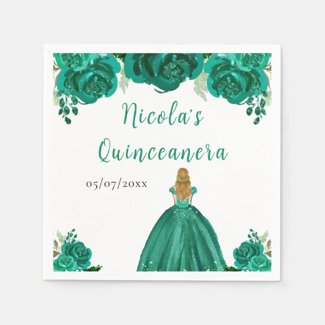 Serviette En Papier Blonde Hair Princess Green Floral Quinceanera (Devant)