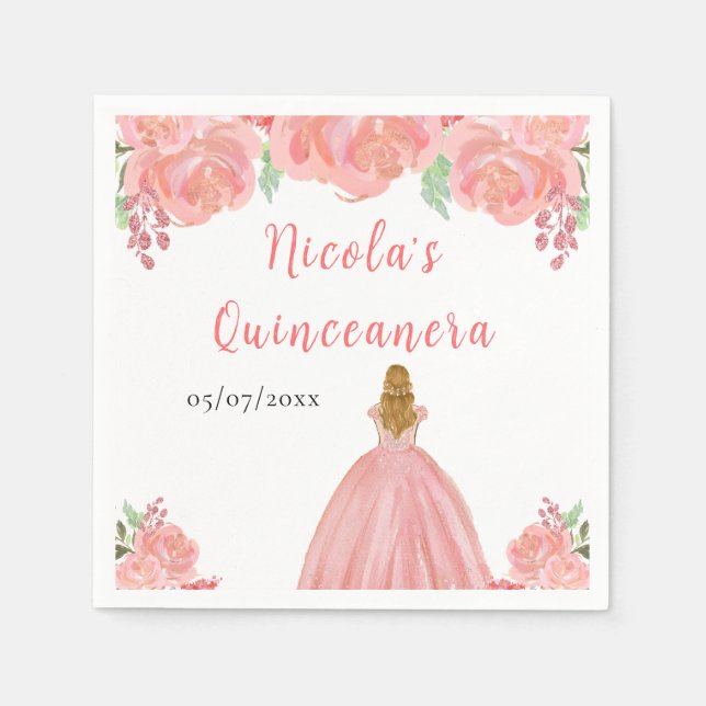 Serviette En Papier Blonde Hair Princess Pink Floral Quinceanera (Devant)