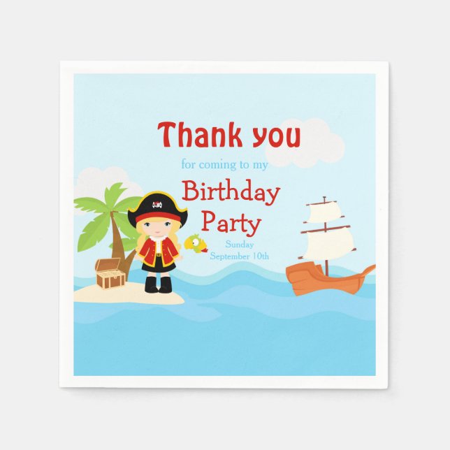Serviette En Papier Blonde mignonne fille pirate en rouge Anniversaire (Devant)