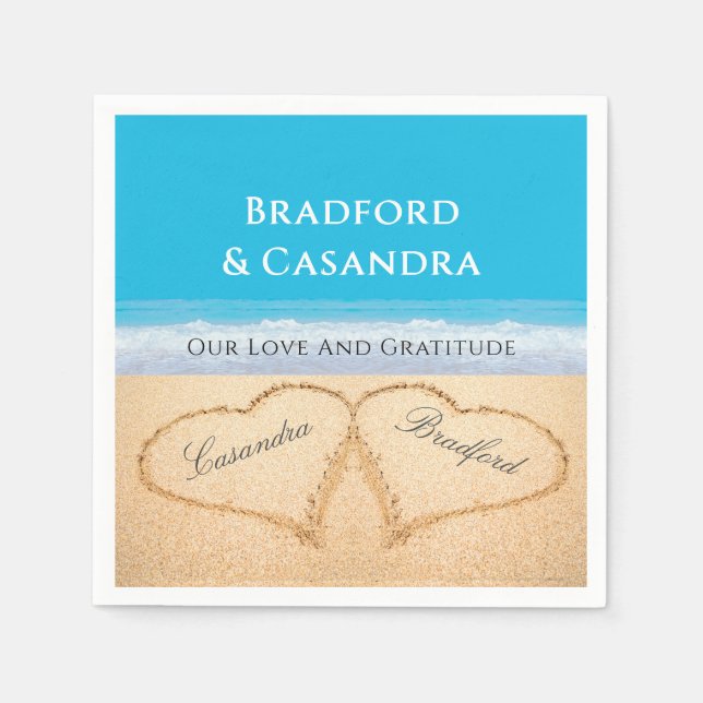 Serviette En Papier Blue Beach Wedding 2 Coeurs dans le papier de sabl (Devant)