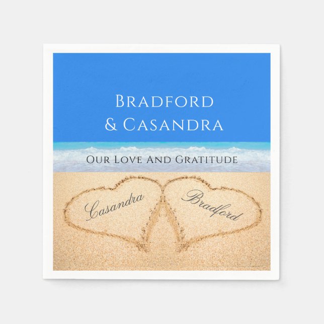 Serviette En Papier Blue Beach Wedding 2 Coeurs dans le sable (Devant)