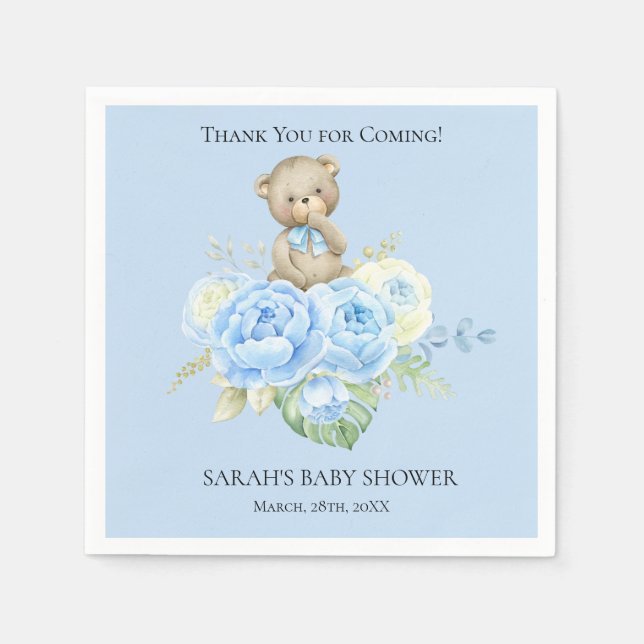 Serviette En Papier Blue Bear Boy Thème | Baby shower serviettes (Devant)