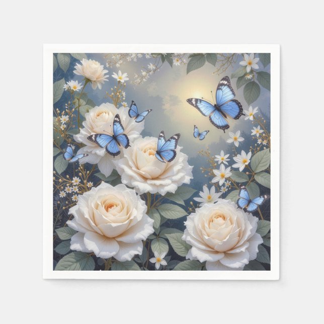 Serviette En Papier Blue Butterflies On White Roses and Daisies (Devant)