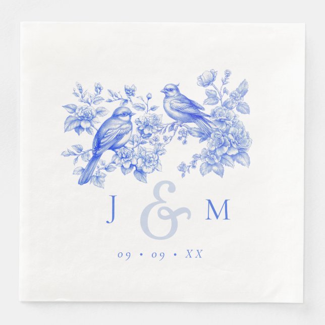 Serviette En Papier Blue Chinoiserie Inséparables Vintages Mariage (Devant)