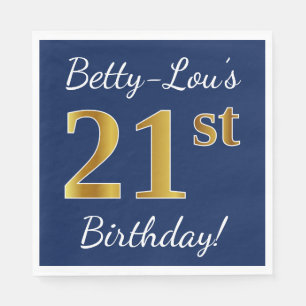 Serviette En Papier Blue, Faux Gold 21e anniversaire + Nom personnalis