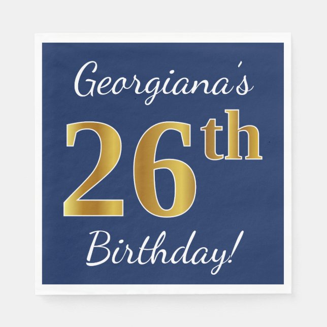 Serviette En Papier Blue, Faux Gold 26e anniversaire + Nom personnalis (Devant)