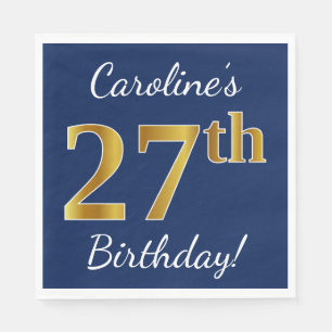 Serviette En Papier Blue, Faux Gold 27th Birthday + Nom personnalisé