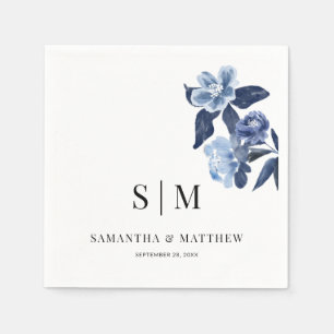 Serviette En Papier Blue Floral Simple Élégant Couple Initiales Mariag