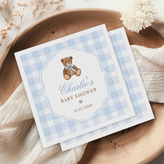 Serviette En Papier Blue Gingham Elegant Teddy Bear Baby Shower