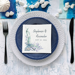 Serviette En Papier Blue Ocean Beach Seashs Mariage d'aquarelle