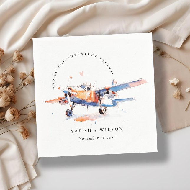 Serviette En Papier Blue Orange Blush Aquarelle Air Plane Mariage (Créateur téléchargé)