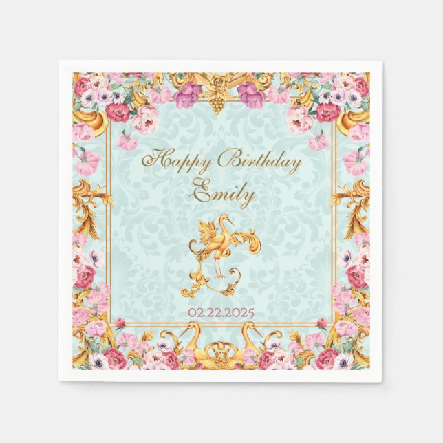 Serviette En Papier Blue Pastel Gold Baroque Rococo Joyeux anniversair (Devant)