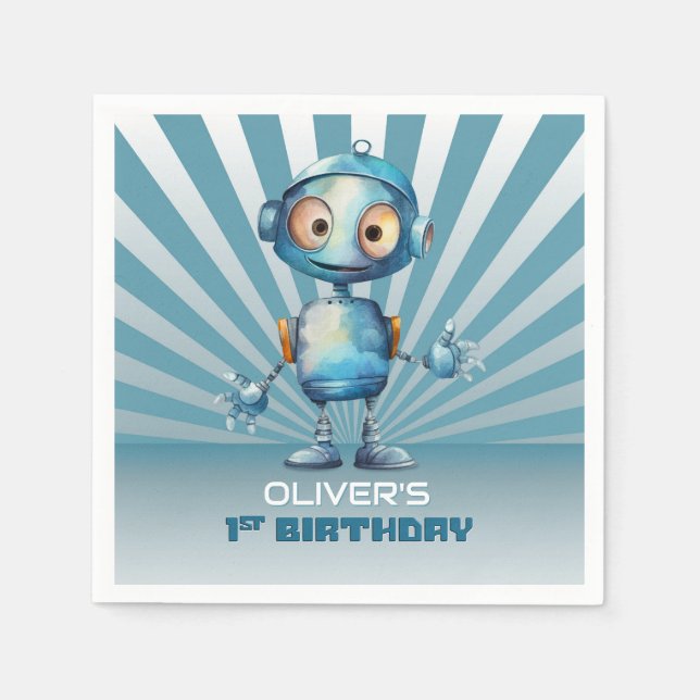Serviette En Papier Blue Robot Thème 1er Anniversaire (Devant)