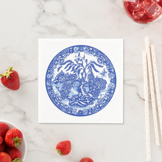 Serviette En Papier Blue Willow Peacock Island Asian Temple Art Garden (En situation)