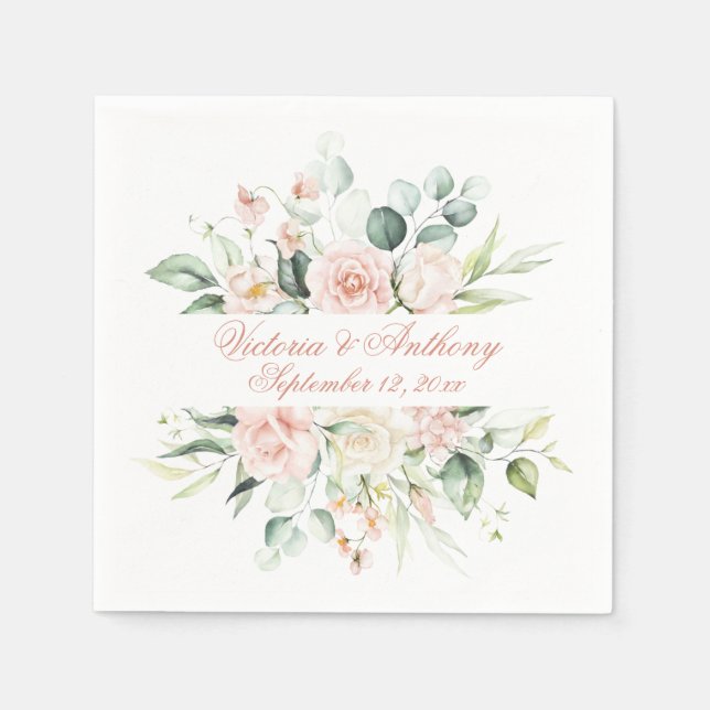 Serviette En Papier Blush Floral Elegant Script Nom Mariage (Devant)