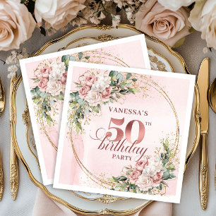 Serviette En Papier Blush Floral Rose Gold 50e Anniversaire Boisson
