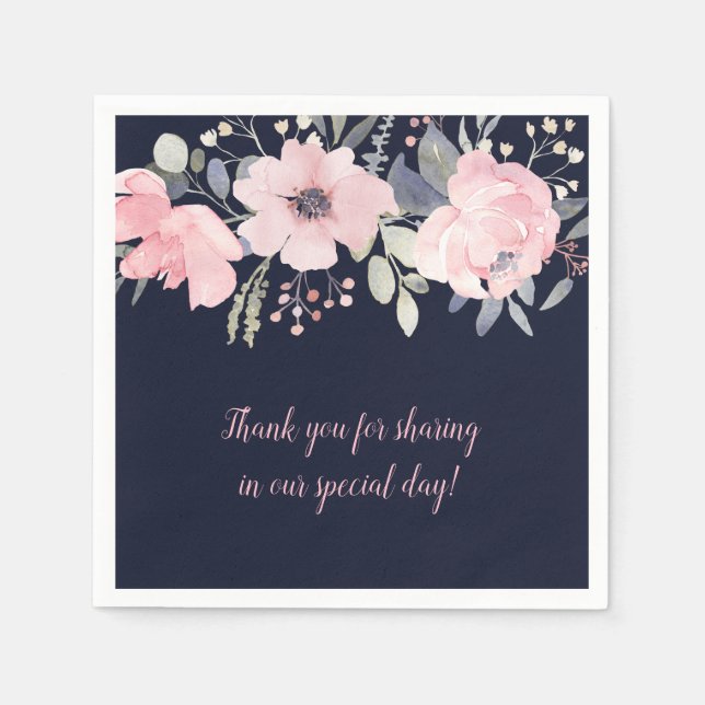 Serviette En Papier Blush Pink et Navy Carré Mariage | (Devant)