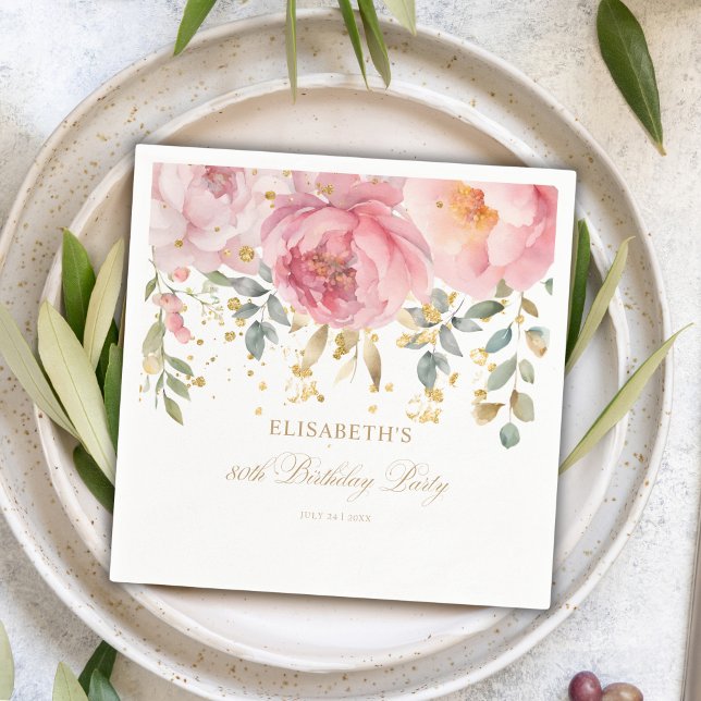 Serviette En Papier Blush Pink Floral 80e fête d'anniversaire (Créateur téléchargé)